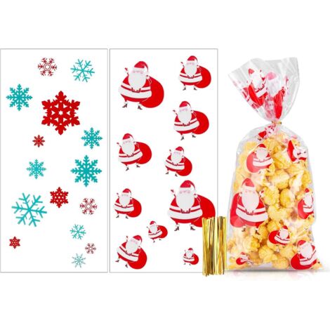 100 Stück durchsichtige, selbstklebende Geschenktüten mit Weihnachtsmannmotiv für Weihnachtsplätzchen und Süßigkeiten – ideal für die Weihnachtsfeier