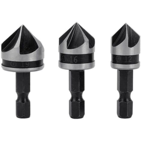 3 Stück 1/4"-Sechskant-HCS-Fasenbohrer mit 5 Schneiden zum Anfasen und Senken von Holz und Metall (12 mm/16 mm/19 mm). (1/5)