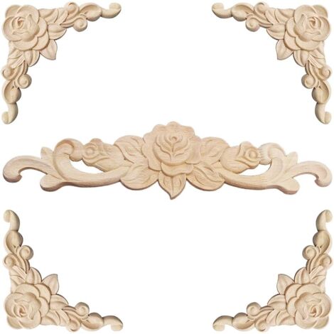 Dekorative Holzleiste, 5-teilig, Holzschnitzerei, dekorative Holzleiste, Applikation, dekorative Rosette, florales Holzschnitz-Aufkleber, dekorative Ecke, geschnitzt für Möbeldekoration (1/5)