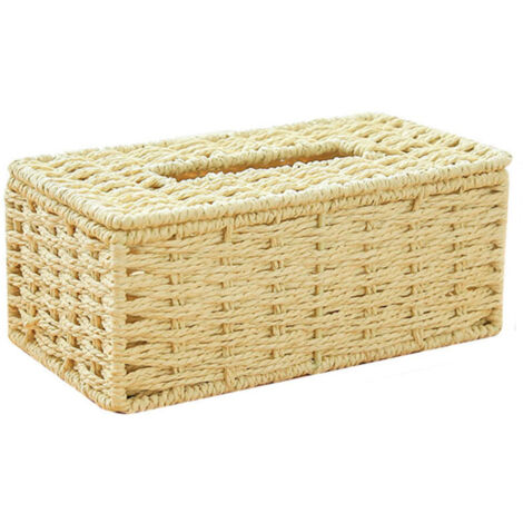 Beigefarbene Taschentuchbox aus Rattan, rechteckiger Deckel, handgeflochten, mit Weidengestell, Papierkordel, Serviettenablage, Dekobox im Boho-Stil für sommerliche Strandpartys, 22 x 12 x 9 cm (1/3)