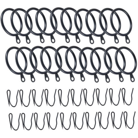 Set mit 20 Gardinenringen (38 mm Innendurchmesser) inklusive Haken, robuste Ringe für Gardinenstangen, Schwarz