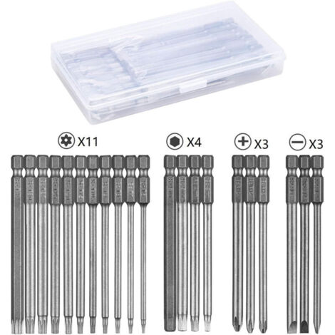 21-teiliges Schraubendreher-Bit-Set, 100 mm lange magnetische Schraubendreher-Bits, Torx T6-T40, Innensechskant 3-6 mm, Phillips PH2, Schlitz 4-6 mm, 1/4"-Sechskantschaft