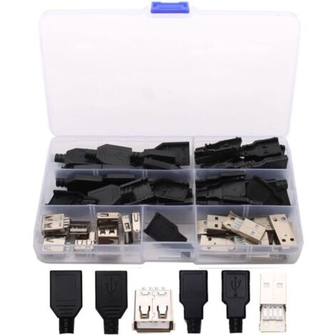 20 Stück lötbare USB-A-Stecker (männlich), USB 2.0-Stecker Typ A (4-polig, weiblich) mit Kunststoffabdeckung für DIY-Projekte – schwarz + silber (1/4)