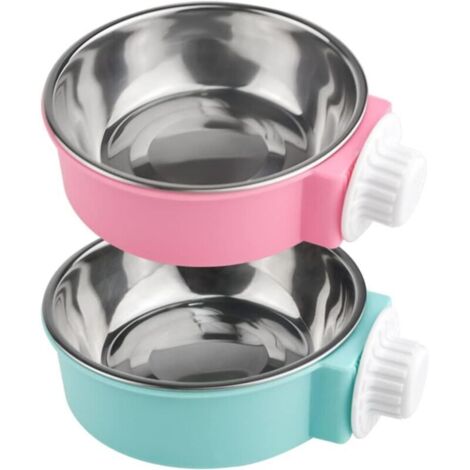 Set mit 2 abnehmbaren Edelstahl-Hänge-Futternäpfen, ideal für Katzen, Welpen, Vögel, Ratten und Frettchen (Rosa + Blau) (1/4)