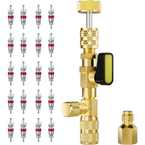 Werkzeug zum Entfernen und Installieren von Ventilkernen mit Dual-Port-Messingadapter, Ventilwerkzeug für Kältesysteme mit 20 Ventilkernen