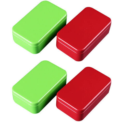 Set aus vier rechteckigen Metalldosen mit Deckel, ideal zur Aufbewahrung von Tee, Süßigkeiten, Salben und anderen kleinen Gegenständen. Farben: Grün und Rot. (1/4)