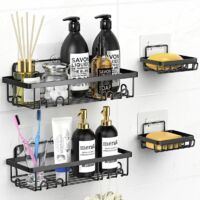 Duschkorb mit 6 Haken, rostfreie Badezimmeraccessoires, Aufbewahrungsbox für Bad, Toilette und Küche mit Seifenschale – 4-teilig