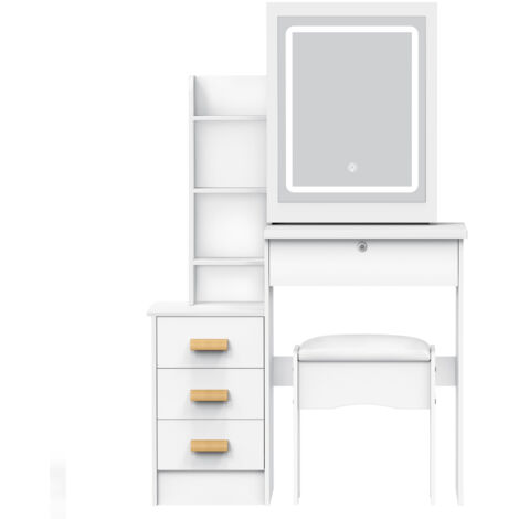 Coiffeuse avec miroir LED, avec tabouret, éclairage réglable tricolore, 4 tiroirs et 5 étagères, 80x40x135 cm.