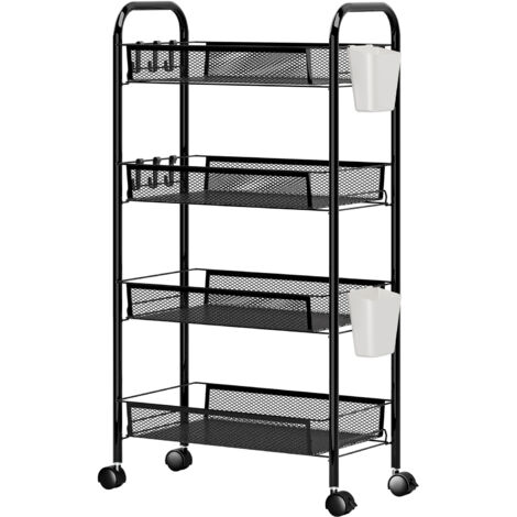 Desserte de cuisine, grillage métallique empilable 4 couches, roues pivotantes à 360°, 44×27×84cm, noir.