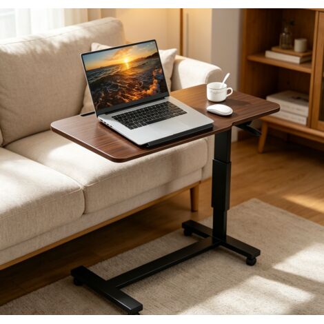 WILITTO  Table Assis-Debout Mobile en Bois Foncé - Hauteur Réglable Pneumatique, Plateau Inclinable, Roues 360° pour Bureau à Domicile (1/5)
