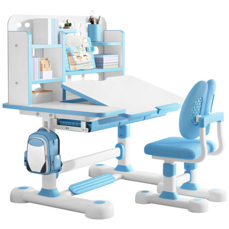 WILITTO  Set Bureau et Chaise d'Étude Enfant Bleu - Hauteur Réglable, Plateau Inclinable, Ergonomique avec Rangement