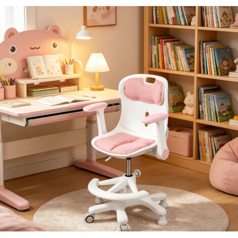 WILITTO Chaise d'Étude Ergonomique pour Enfants - Chaise de Bureau Réglable avec Repose-Pieds et Accoudoirs, Rotation 360°, pour Enfants de 4 à 12 Ans, Rose et Blanc (1/5)