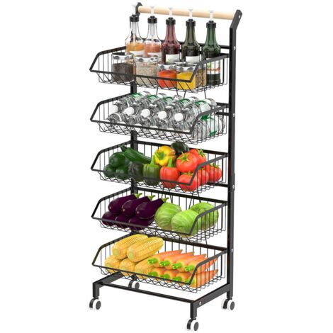 WILITTO Chariot de Rangement à 5 Niveaux avec Paniers Amovibles - Chariot de Cuisine Mobile en Acier au Carbone, Roues 360° Verrouillables, pour Fruits, Légumes, Épices et Organisation de la Maison
