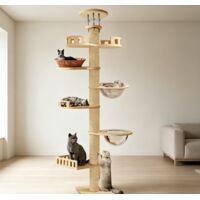 WILITTO Arbre à Chat Plafonnier 7 Niveaux - Hauteur Réglable 295-315cm, avec Nids, Cabines et Poteaux à Griffer,Stable et Sécurisé, pour Grands Chats, en Bois et Sisal