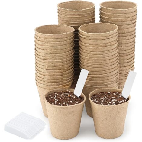 100 Anzuchttöpfe (8 cm), kleine Pflanztöpfe, Umtopftöpfe, mit 100 Pflanzenetiketten (5 x 1 cm) – für Garten, Gemüsebeet, Gewächshaus (1/4)