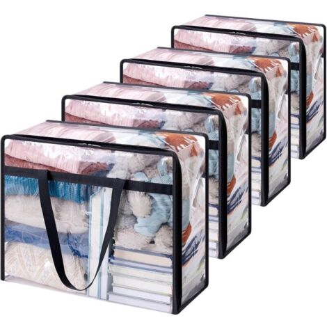 Transparente Aufbewahrungsbeutel aus Kunststoff für Kleidung (4 Stück, 40 l), faltbar, zur Aufbewahrung von Kleidung, Kleiderschrank-Organizer, mit verstärktem Griff, zur Aufbewahrung von Bettwäsche, (1/4)