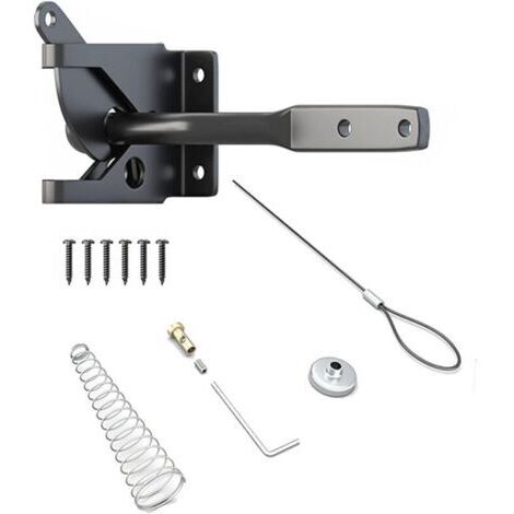 Gartentorriegel, automatischer Schwerkraftriegel – federbelasteter Eisentorriegel mit verstellbarem Kabel für Metallgartenzäune, Schwarz, 11,6 × 6 × 4,3