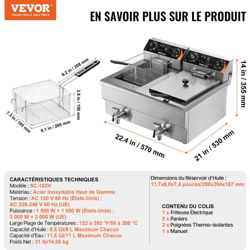 Friteuse Pro 2 Cuves 12L 6000W - Inox HD4K - Matos Resto