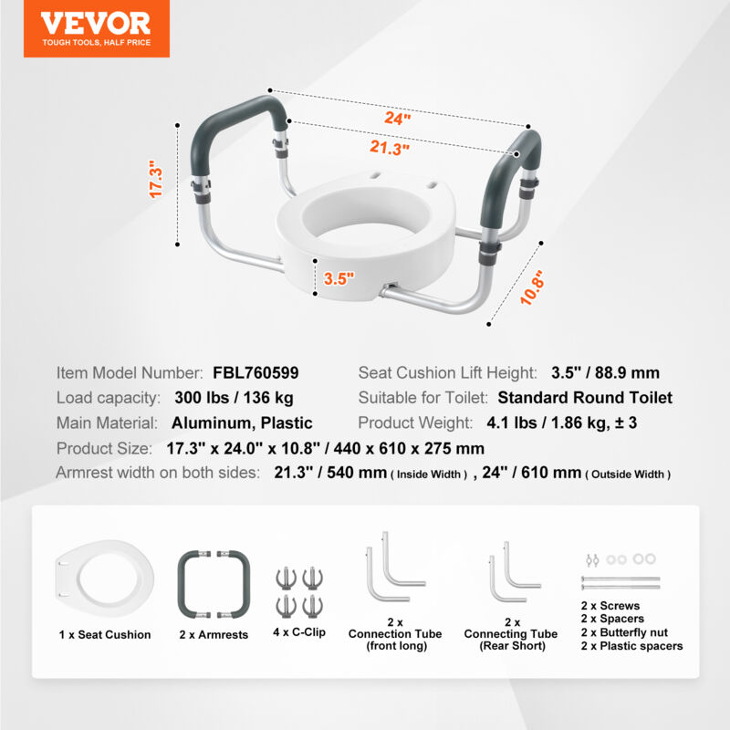 Rehausseur De Toilettes VEVOR - Hauteur 49-64 Cm - Support 158 Kg - Aluminium - Neuf