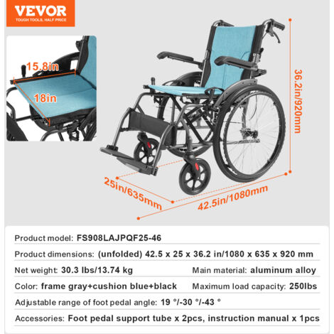 Fauteuil Roulant De Transport VEVOR - Alliage D'Aluminium - Poids Max 100kg - Siège 40cm - Pliable