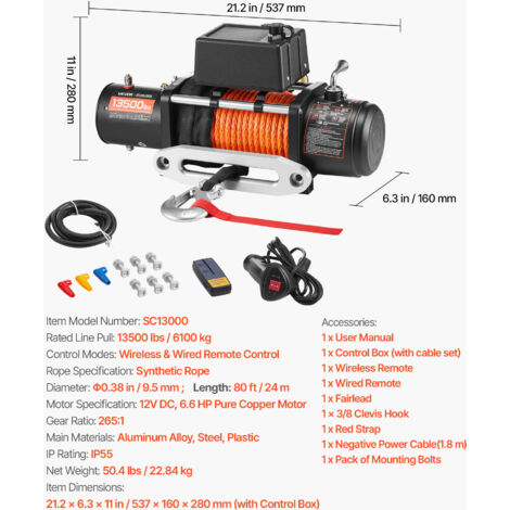 Treuil Électrique 12 V CC 6100 kg avec Corde Synthétique 9