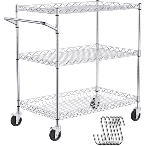 VEVOR Chariot utilitaire de cuisine, 3 niveaux, chariot roulant en fil métallique avec capacité de 299,8 kg, table de service en acier sur roulettes, chariot de rangement en métal avec panier de