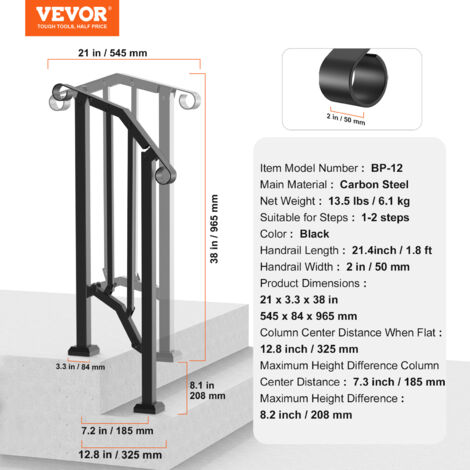 Rampe Main Courante VEVOR Pour Escalier 1-2 Marches - Tube Carré Noir, Acier Au Carbone