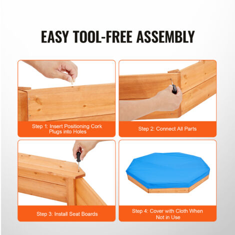 Bac à Sable Bois Octogonal VEVOR 192x192 Cm Avec Couvercle, 4 Sièges & Doublure - Idéal Jardin Enfants 3-12 Ans