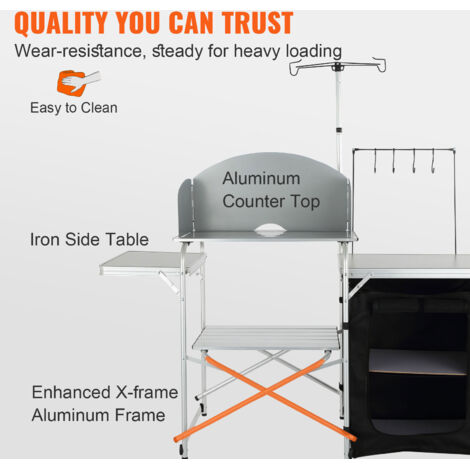 Table De Camping Portable VEVOR – Aluminium, 3 Compartiments De Rangement, Pare-brise 3 Côtés, Installation Rapide, Sac De Transport Inclus, Noir
