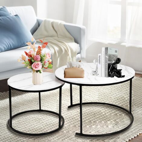 Marble Effect Coffee Table, Side Table for Living Room, Diameter 70 + 50 cm, Large Round, MDF, for Living Room, Bedroom, Balcony-70 x 70 x 45 cm (Burnt Wood + Black Legs) (1/5)