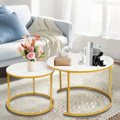 Marble Effect Coffee Table, Side Table for Living Room, Diameter 70 + 50 cm, Large Round, MDF, for Living Room, Bedroom, Balcony-70 x 70 x 45 cm (Burnt Wood + Black Legs) (1/5)