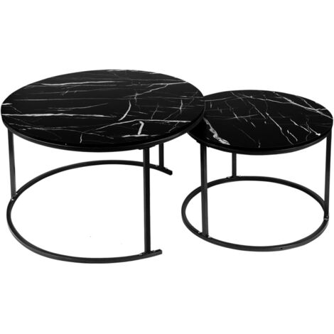 Marble Effect Coffee Table, Side Table for Living Room, Diameter 70 + 50 cm, Large Round, MDF, for Living Room, Bedroom, Balcony-70 x 70 x 45 cm (Burnt Wood + Black Legs) (1/5)