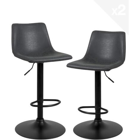 Ensemble de 2 tabourets de bar industriels, assise rembourrée en similicuir effet vintage avec dossier, hauteur réglable, repose-pieds, pivotant à 360°, pieds en métal peint en noir Helio (noir gris) (1/5)