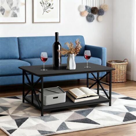 Marble Effect Coffee Table, Side Table for Living Room, Diameter 70 + 50 cm, Large Round, MDF, for Living Room, Bedroom, Balcony-70 x 70 x 45 cm (Burnt Wood + Black Legs) (1/5)