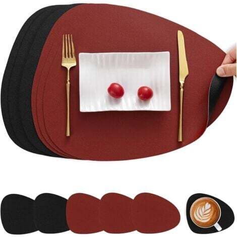 Sets de table et dessous de verre en cuir, double face, antidérapants, lavables et imperméables (rouge et noir, lot de 6)