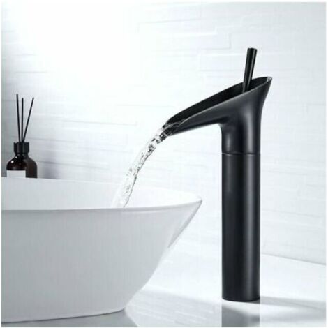 Cyslmuk – Robinet de lavabo noir à bec cascade – Finition en laiton poli à l'huile – Économie d'eau 30% – Installation facile avec raccords flexibles (1/5)