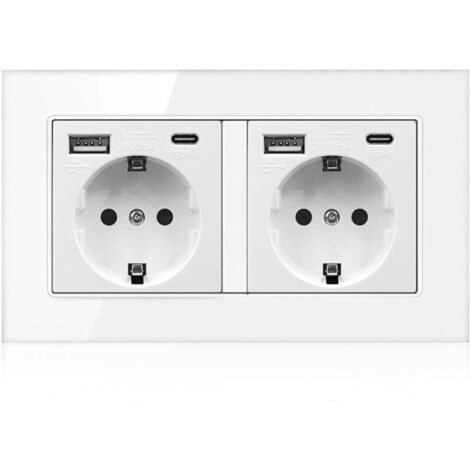 Prise murale 2 prises, prise USB encastrée avec 2 prises, 2 USB, 2 USB-C, prise murale encastrée, prise murale avec panneau en verre, installation facile (1/5)
