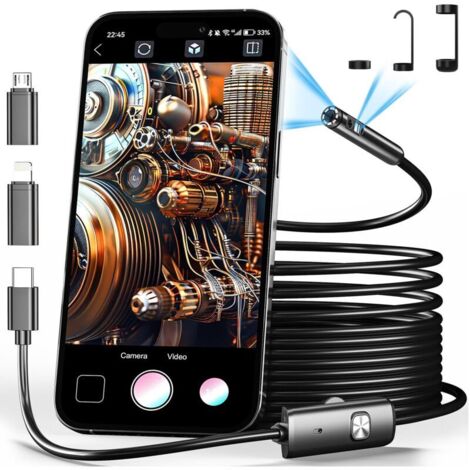Caméra d'inspection endoscopique à double objectif avec 8 lumières LED réglables - Caméra endoscopique 1980P avec cable semi-rigide de 5 mètres - étanche IP68 pour iPhone, iPad, Android (1/5)