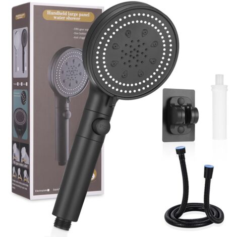Pommeau de Douche Anti Calcaire, Pommeau de Douche Filtrant, Pommeau de Douche Haute Pression avec 1,5m Tuyau de Douche y Support, 6 Types de Pulvérisation, Douchette Douche Salle de Bain, Noir (1/5)
