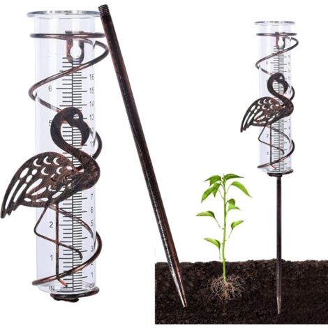 Ahlsen Pluviomètre, pluviomètre en verre avec pieux métalliques, outil de mesure de pluie, jardin, Cour, pluviomètre décoratif extérieur (Flamingo) (1/5)