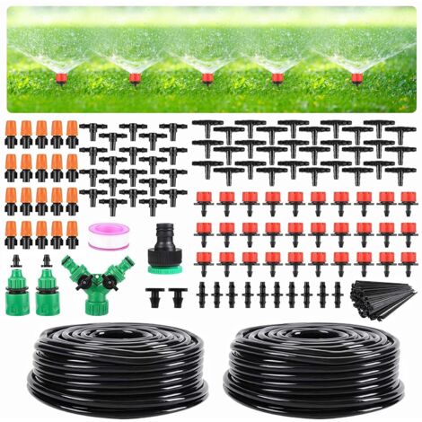 Kit d'irrigation goutte à goutte de jardin, kit de système d'irrigation goutte à goutte automatique pour serre de 98 pieds avec tuyau de distribution vierge de 1/4 pouces et 1/2 pouces réglable