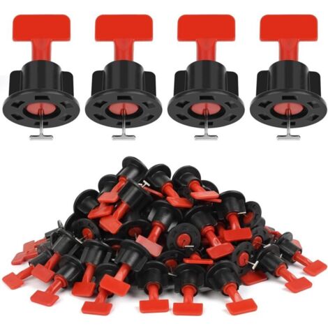 Niveleur de Carrelage, 80 Pièces Réutilisables Kit Nivellement Carrelage Niveleur Cale Carrelage Autonivelant, redresseurs de carreaux avec broches interchangeables 1,5 - Rouge et noir