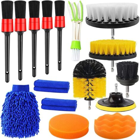 Coavas – Kit de nettoyage voiture 16 pièces – Brosses de détail et pour perceuse – Serviettes en microfibre – Nettoyage intérieur et extérieur - 16Pcs
