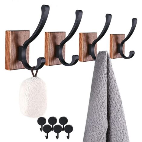 Crochets muraux en bois pour manteaux suspendus - Lot de 4 crochets muraux, crochets porte-serviettes en bois très résistants, crochets manteaux pour suspendre manteaux, clés, sac, serviette, cuisine, (1/5)