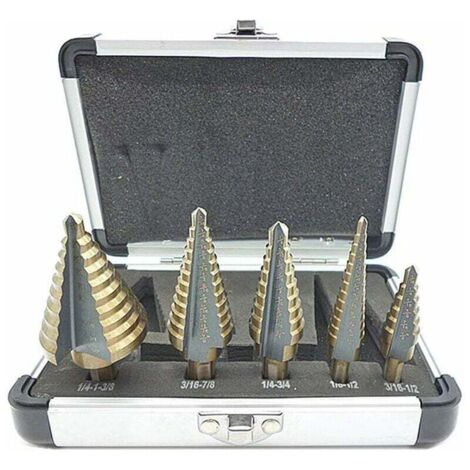 Sjqka – Kit de 5 forets étagés HSS avec revêtement titane – Poinçon central automatique – Tige hexagonale 1/4 – Perçage précis dans l'acier et le métal