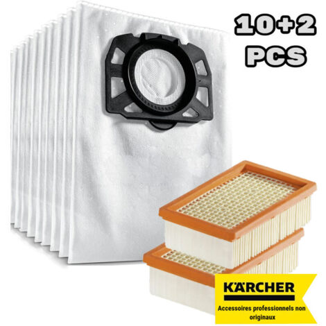 Convient pour Kärcher WD 4, WD 5, WD 6, WD 4290 / 5200 M / 5300 M / 5600 MP Sac filtre à peluches + filtre plat plissé (pack de 10+2)