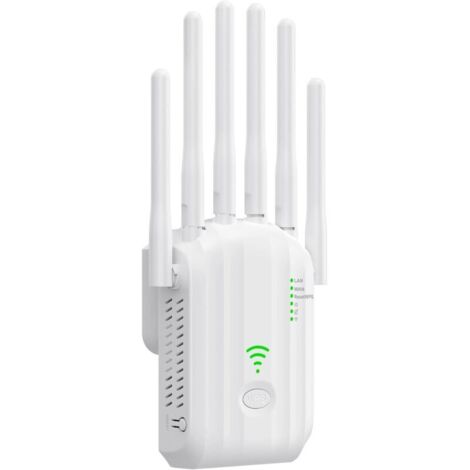 Répéteur WiFi Extérieur, Amplificateur WiFi Puissant avec 6 Antennes, Double Bande 2,4 GHz & 5 GHz, Port Ethernet Gigabit, Répéteur WiFi Puissant sans Fil, Compatible avec Toutes Les Box Internet