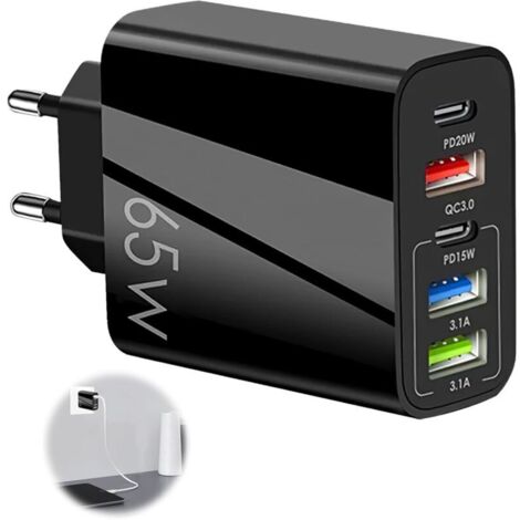 Chargeur USB C 65W 5 Ports Prise Chargeur USB Multiple Chargeur Rapide avec Double QC 3.0+PD 3.1A Type C Fast Charger Universel Secteur Adaptateur pour iPhone 15 14 13 12 11 Pro Max Samsung