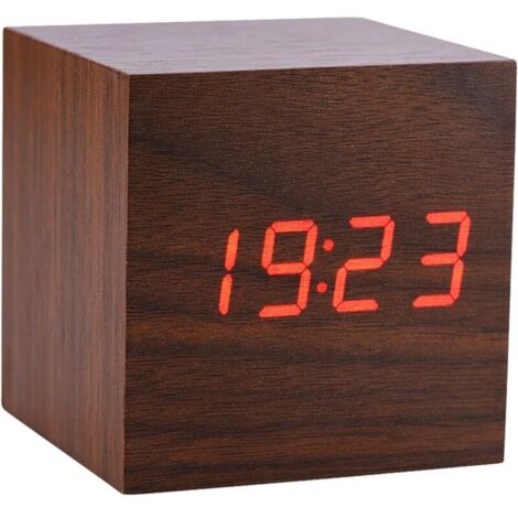 Réveil numérique avec affichage de l'heure LED - Commande vocale - Petite horloge électrique en bois pour chambre à coucher, table de chevet, bureau (bois marron + lumière rouge)