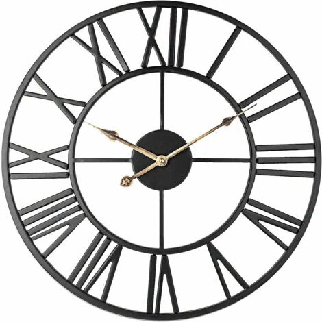 Jusch – Horloge murale silencieuse vintage 50cm – Métal noir-or – Chiffres romains décoratifs – Antirouille et durable